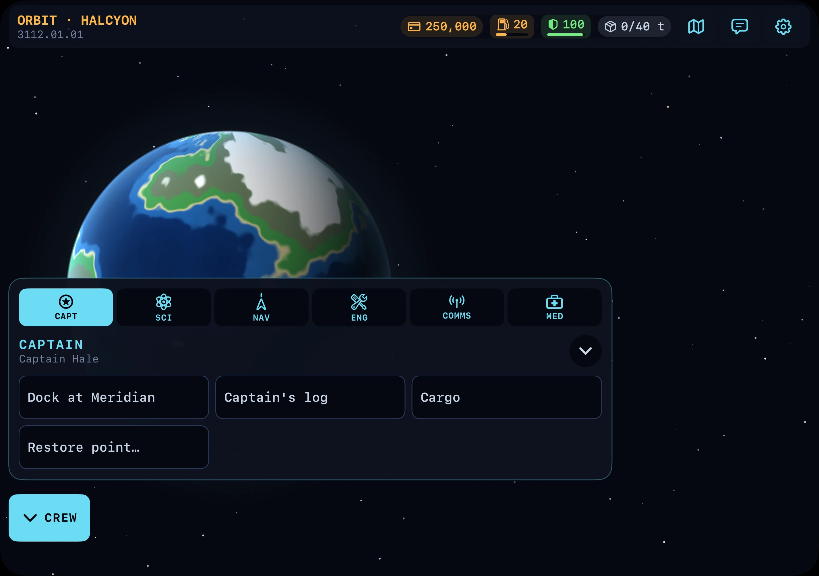 Crew station controls above a planet, shown on unfolded iPhone Duo.