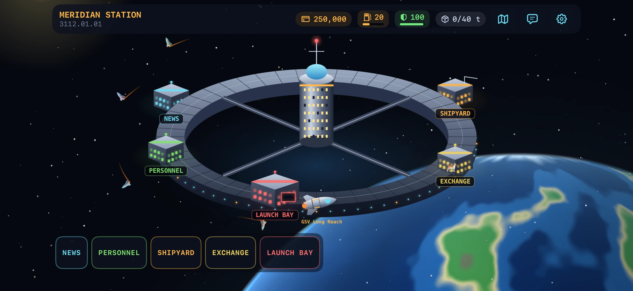 A space station above a blue planet in Lantern Prime.
